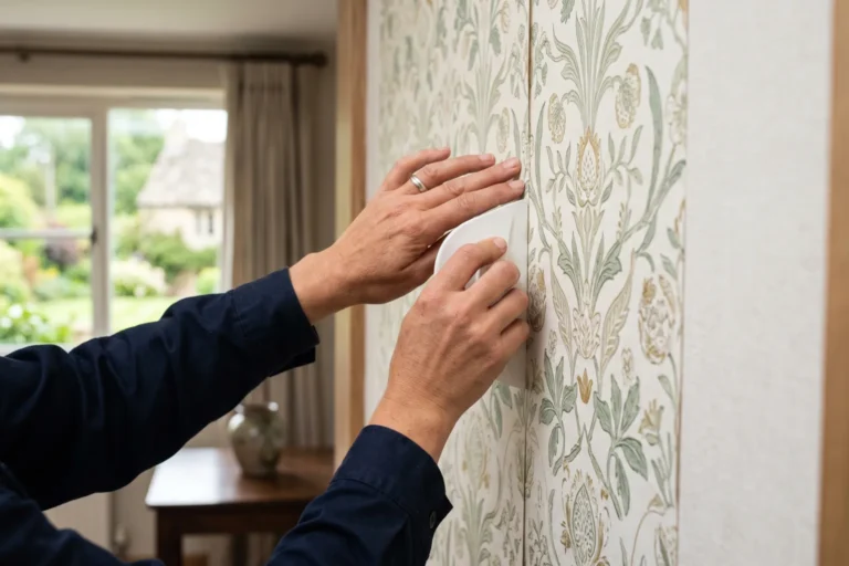 Installer pressing a wallpaper seam flat with a smoothing tool